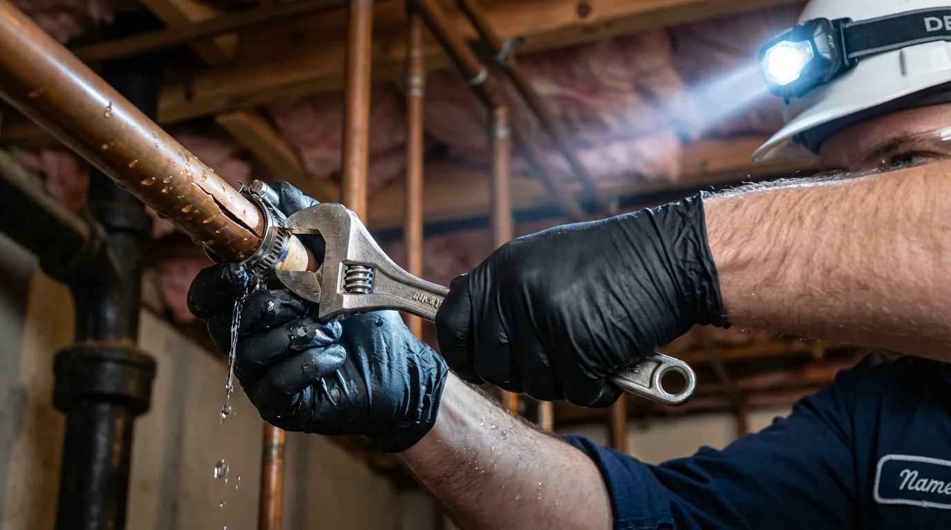 Emergency pipe clamp repair being performed by a Johns Plumbing LLC plumber in Greenbrier
