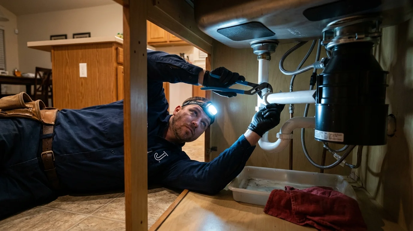 P-trap and supply line connections under a kitchen sink showing a common leak point in Greenbrier, TN